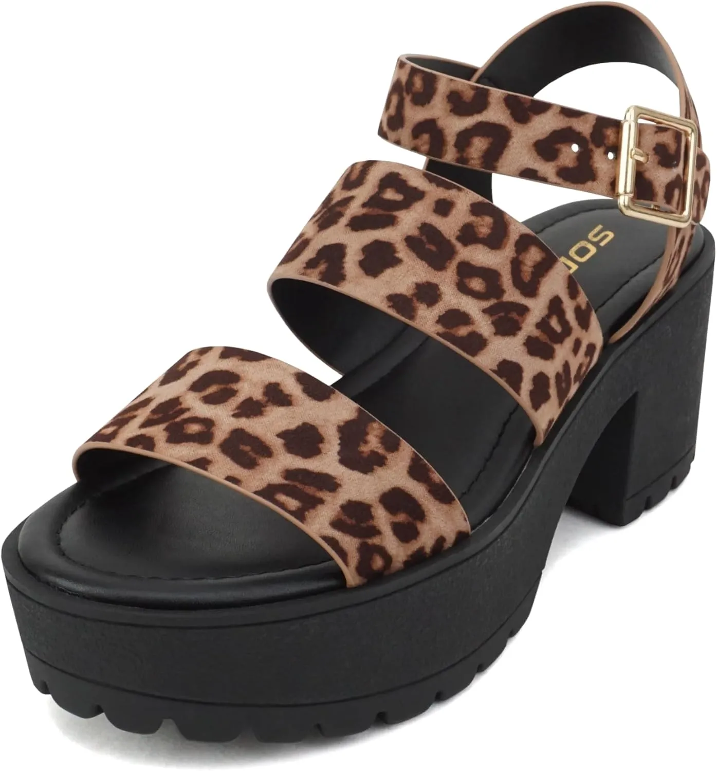 Soda ACCOUNT ~ Women Open Toe Two Bands Lug sole Fashion Block Heel Sandals with Adjustable Ankle Strap