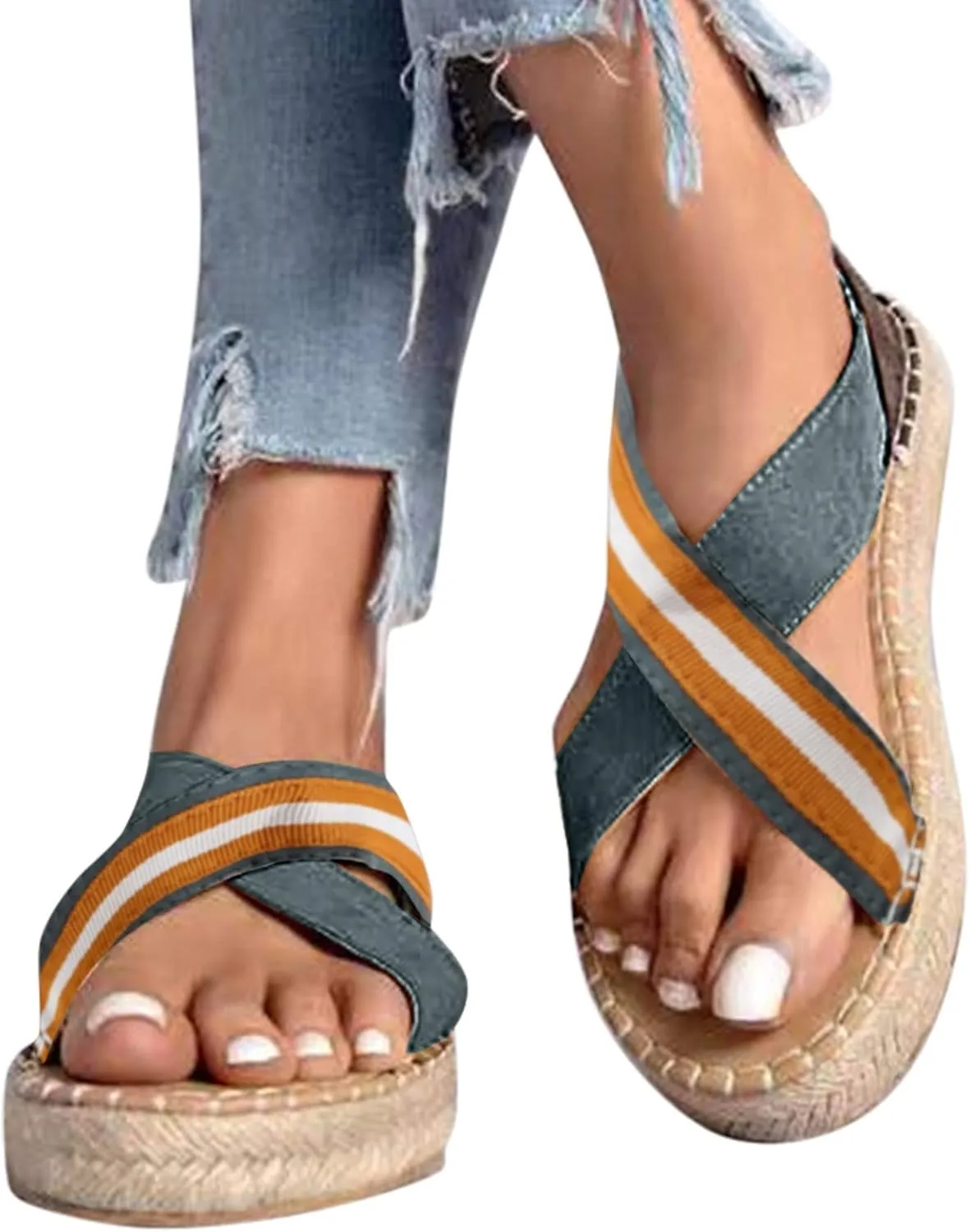 Straw Canvas Fashion Sandals Knitted Footwear Platform Stripe Blocking Color Wedge Sandals for Women Size 10 Close Toe (Blue, 8)
