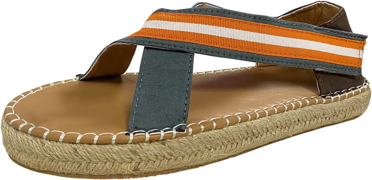 Straw Canvas Fashion Sandals Knitted Footwear Platform Stripe Blocking Color Wedge Sandals for Women Size 10 Close Toe (Blue, 8)
