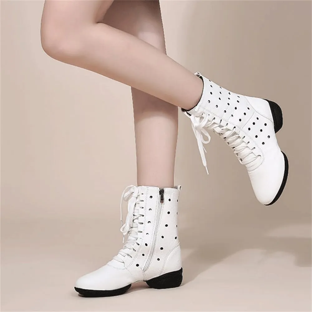 VEACAM Womens High-Top Dance Sneakers Split Sole Leather Jazz Boots Outdoor Lace-Up Ballroom Trainers Breathable Platform Shoes