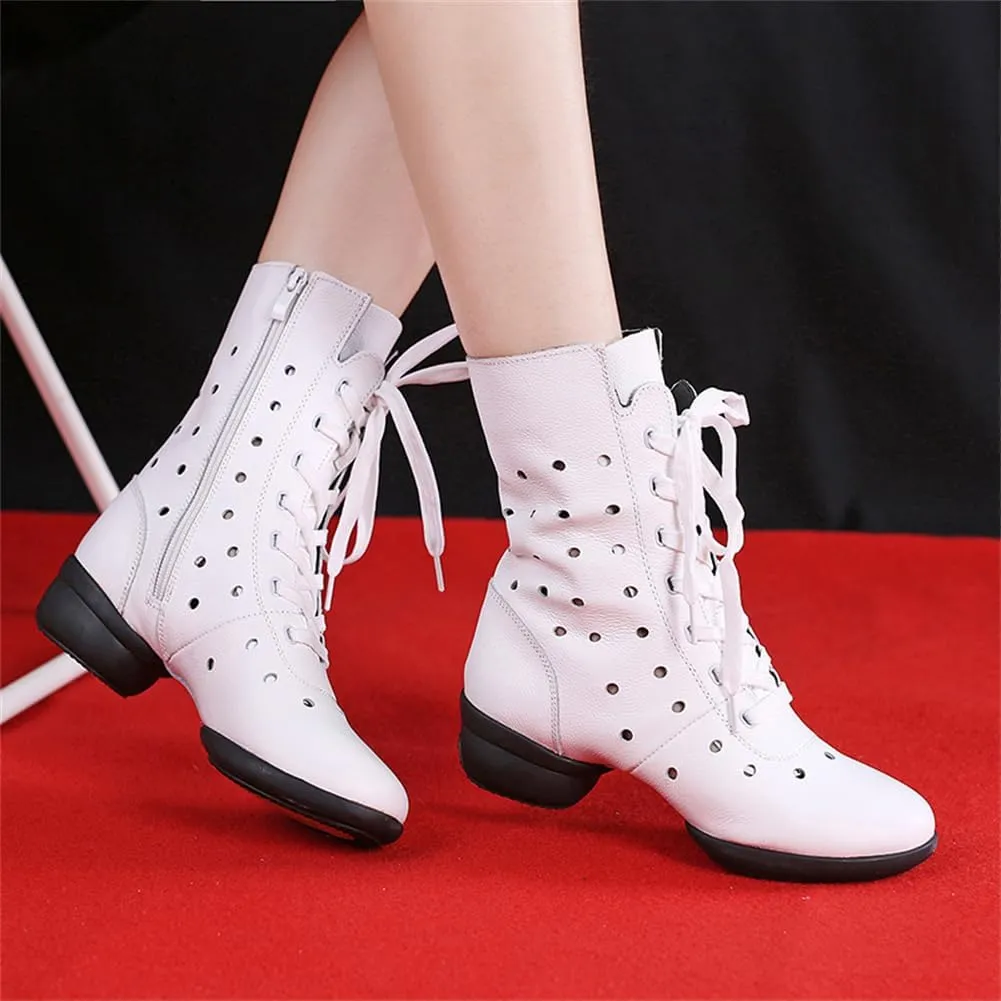 VEACAM Womens High-Top Dance Sneakers Split Sole Leather Jazz Boots Outdoor Lace-Up Ballroom Trainers Breathable Platform Shoes