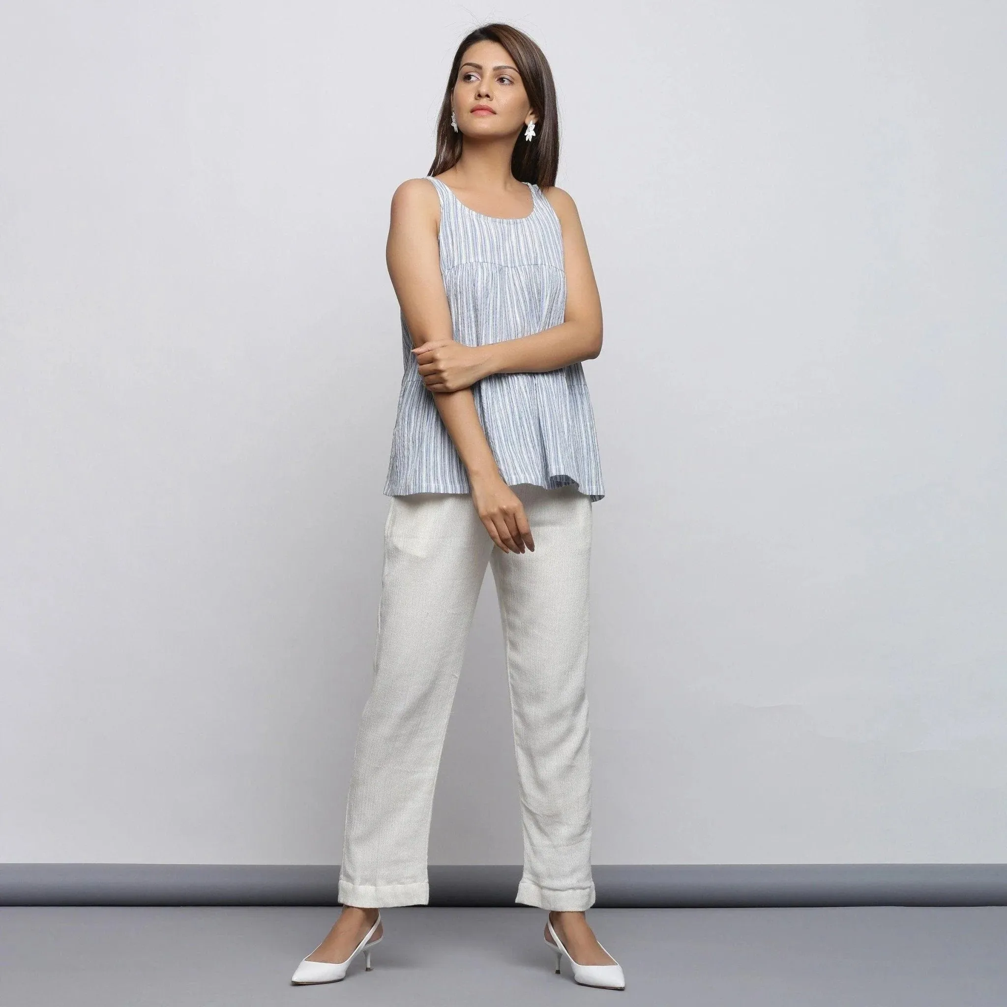 White and Blue Striped Yarn Dyed Cotton Sleeveless Tier Top