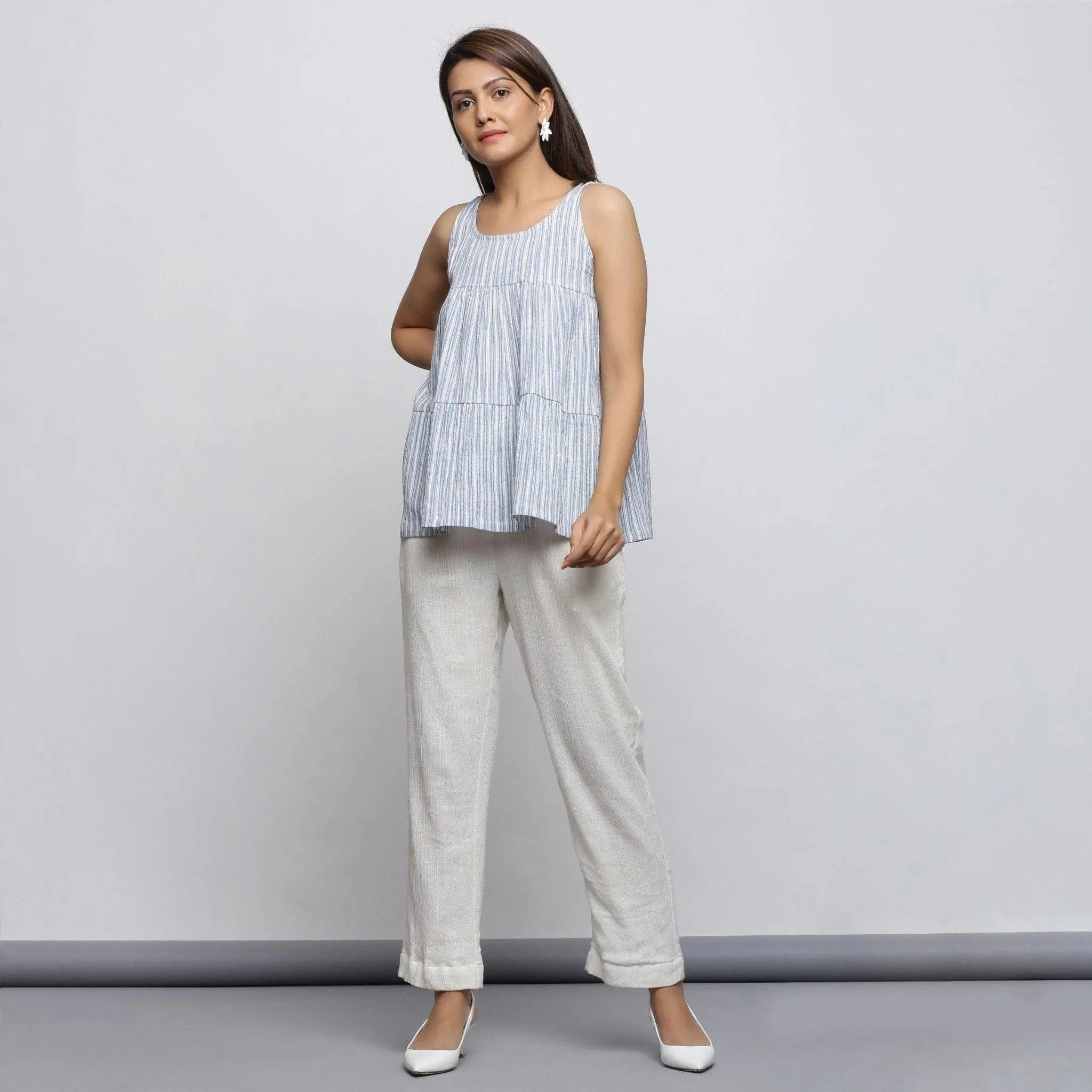 White and Blue Striped Yarn Dyed Cotton Sleeveless Tier Top