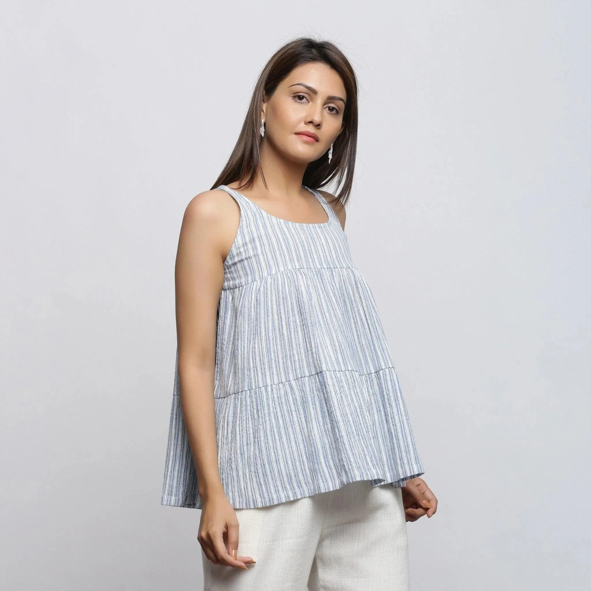 White and Blue Striped Yarn Dyed Cotton Sleeveless Tier Top