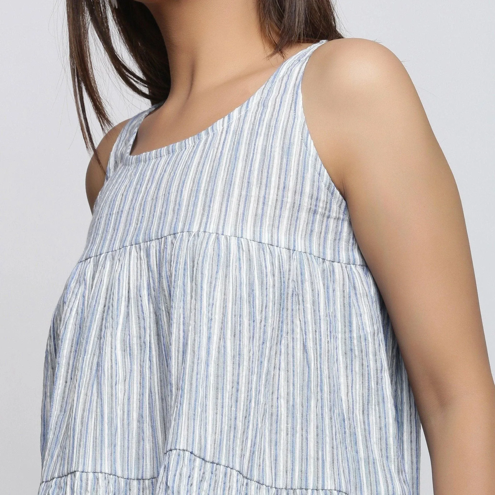White and Blue Striped Yarn Dyed Cotton Sleeveless Tier Top