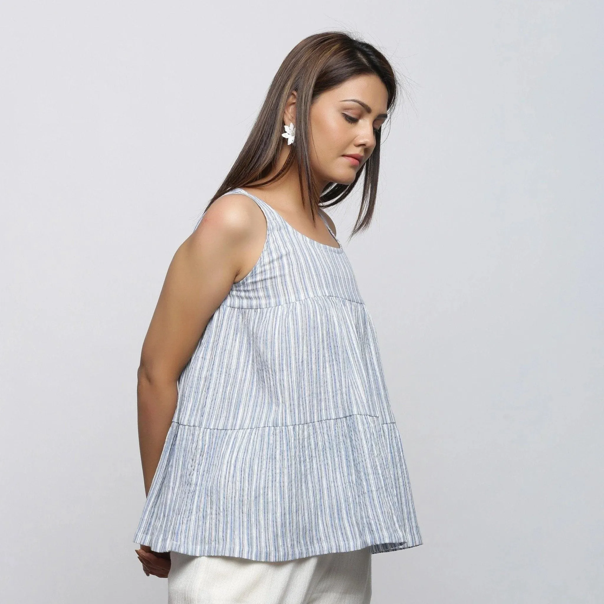 White and Blue Striped Yarn Dyed Cotton Sleeveless Tier Top