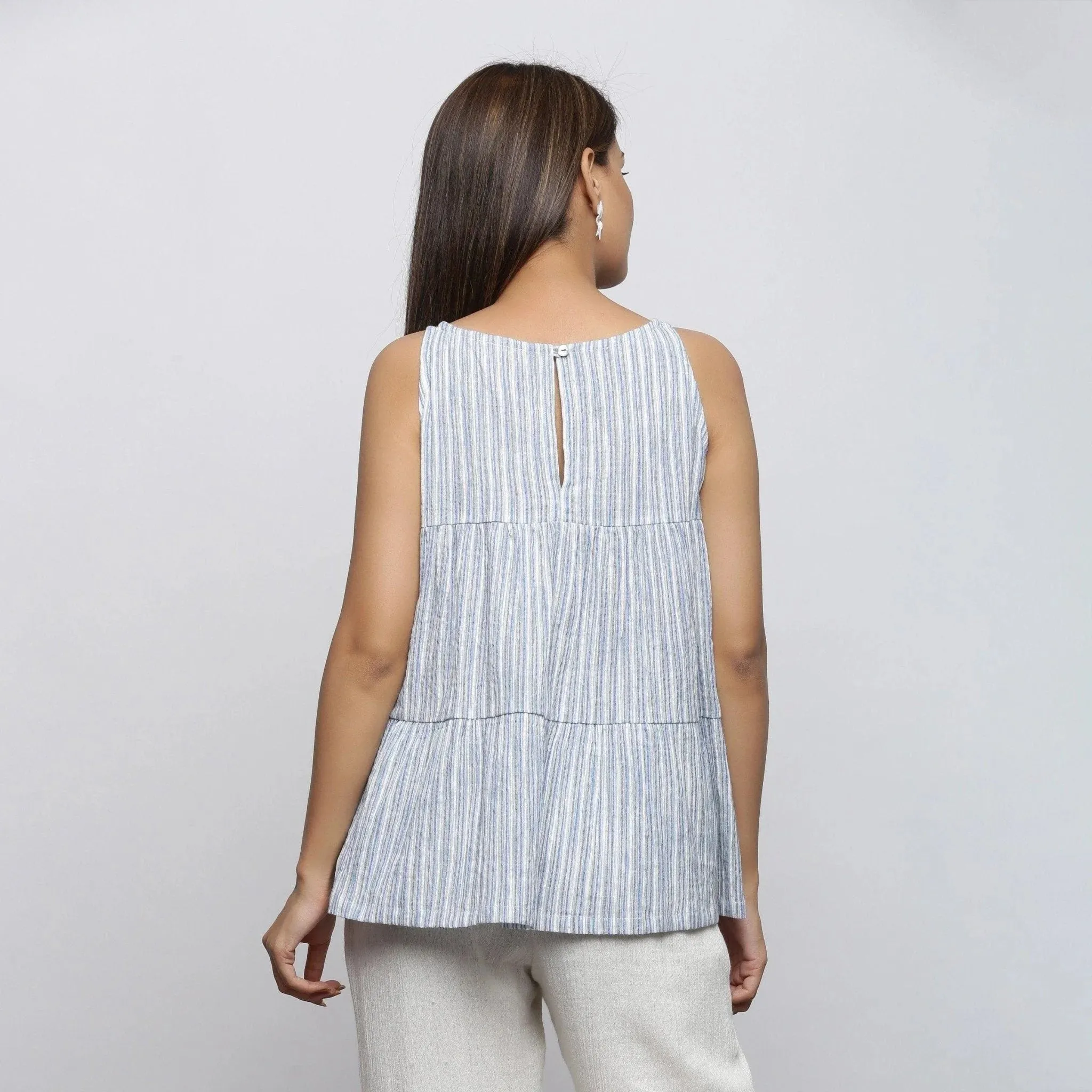 White and Blue Striped Yarn Dyed Cotton Sleeveless Tier Top