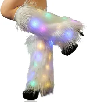 White Leg Warmers Neon Light Up Leg Warmers 70s 80s Dance Hosiery Halloween Party Costume Christmas Rave Fuzzy LED Long Boots Cover Shoes