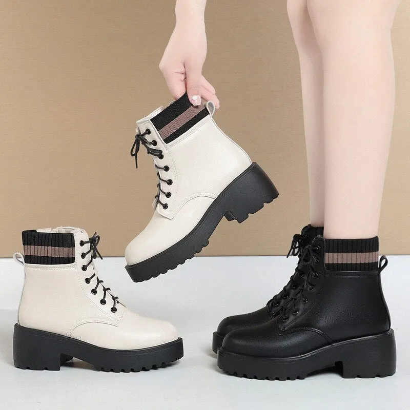 Women Wool Warm Genuine Leather Sock Boots