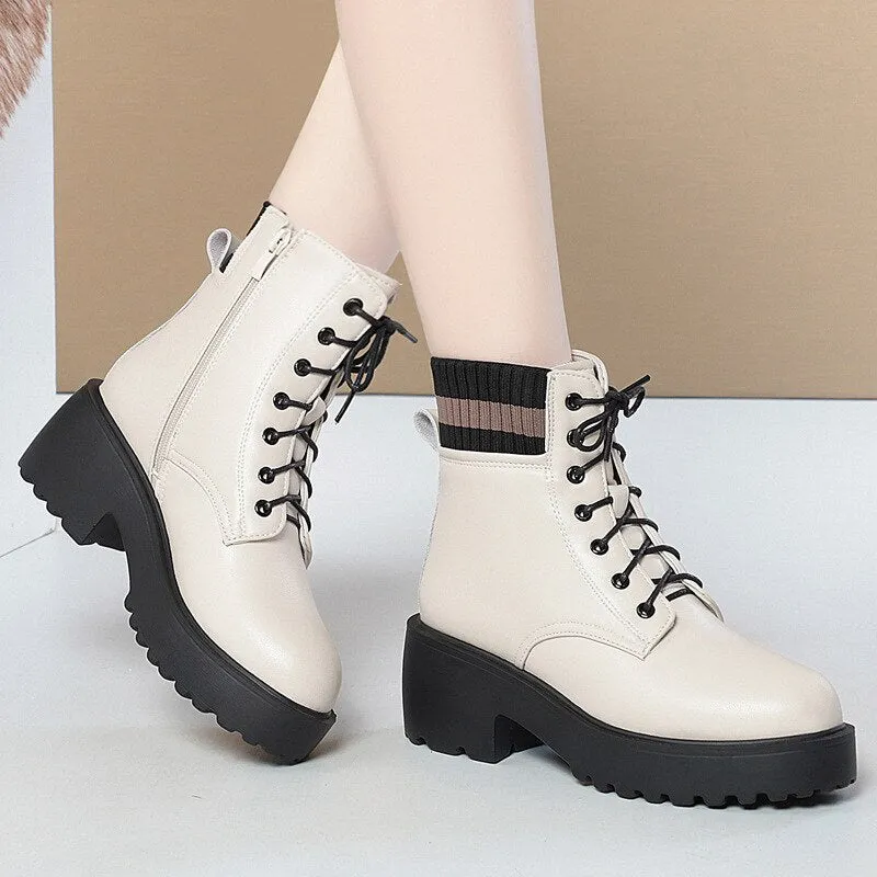 Women Wool Warm Genuine Leather Sock Boots