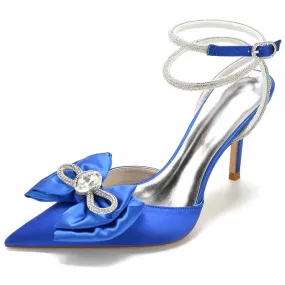 Women's Pointy Toe Satin Heeled Ankle Strap Rhinestone Bowknots Stilettos Wedding Shoes