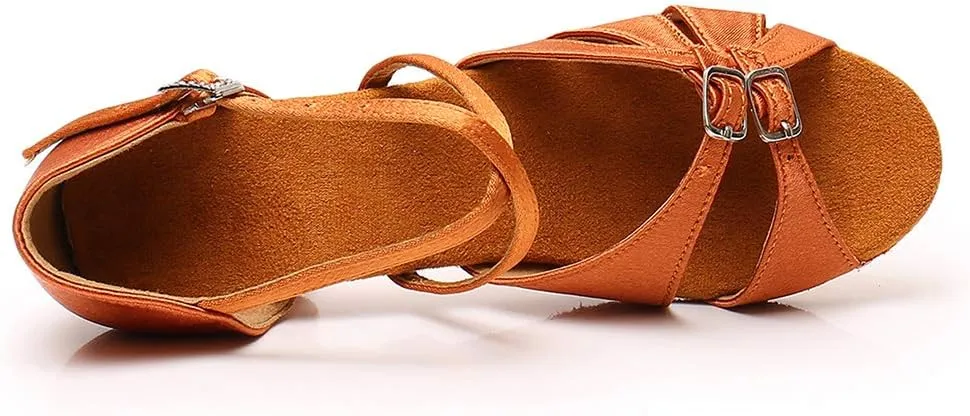 YKXLM Girl's & Women's Latin Dance Shoes Ballroom Adjustable Buckle Dancing Shoes Cross Strap Ballroom Heels,Model WH-D28