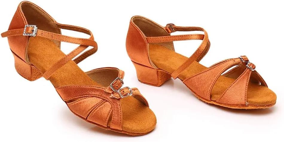 YKXLM Girl's & Women's Latin Dance Shoes Ballroom Adjustable Buckle Dancing Shoes Cross Strap Ballroom Heels,Model WH-D28