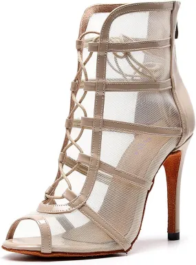 YKXLM Latin Dance Boots Salsa Bachata Performance Women Ballroom Lace-up Ankle Open Toe Dance Shoes