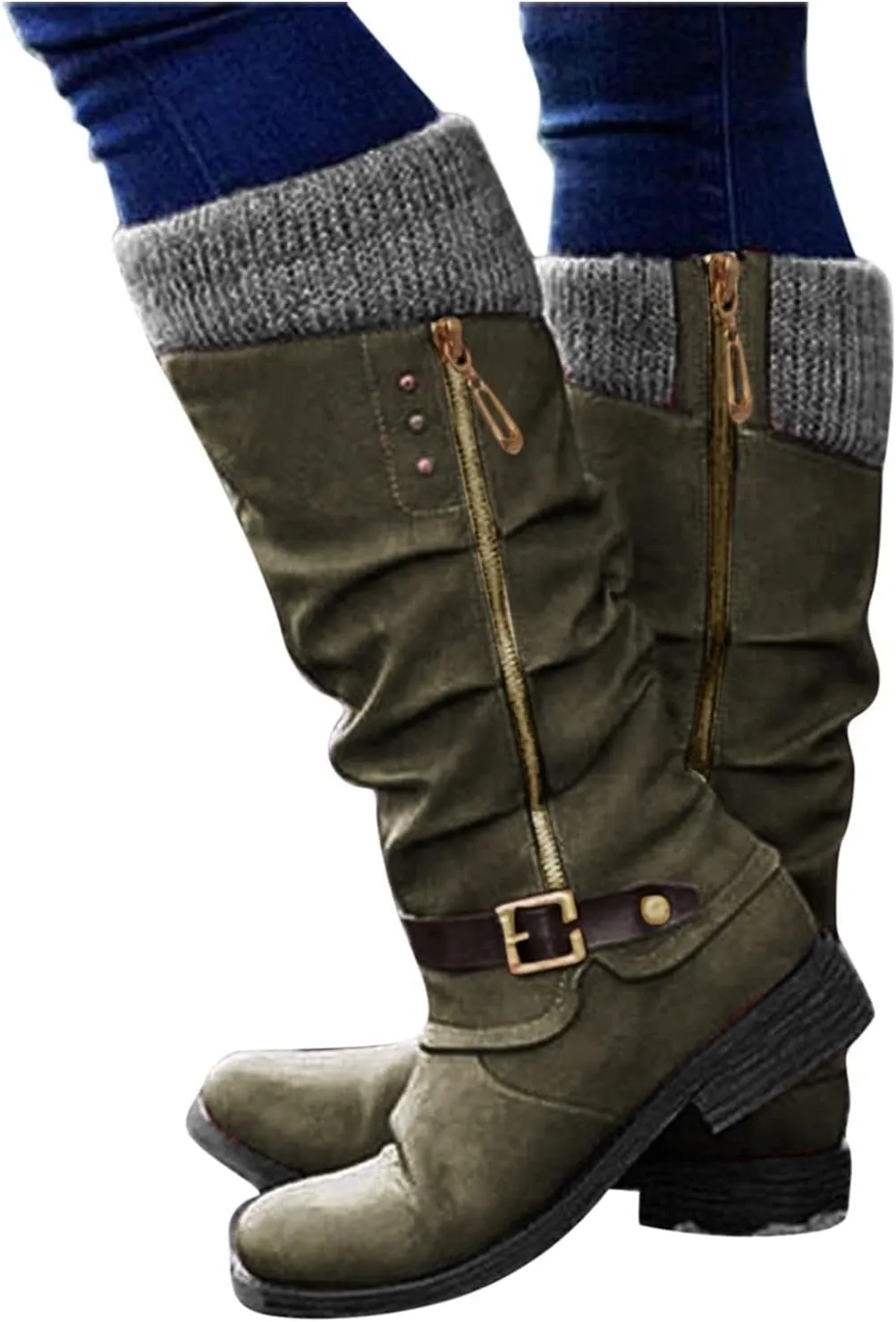 ZDLJYL Women's Black Chunky Heel Knee High Boots Side Zipper Round Toe Boots with Faux Fur Lining Mid Calf Boots