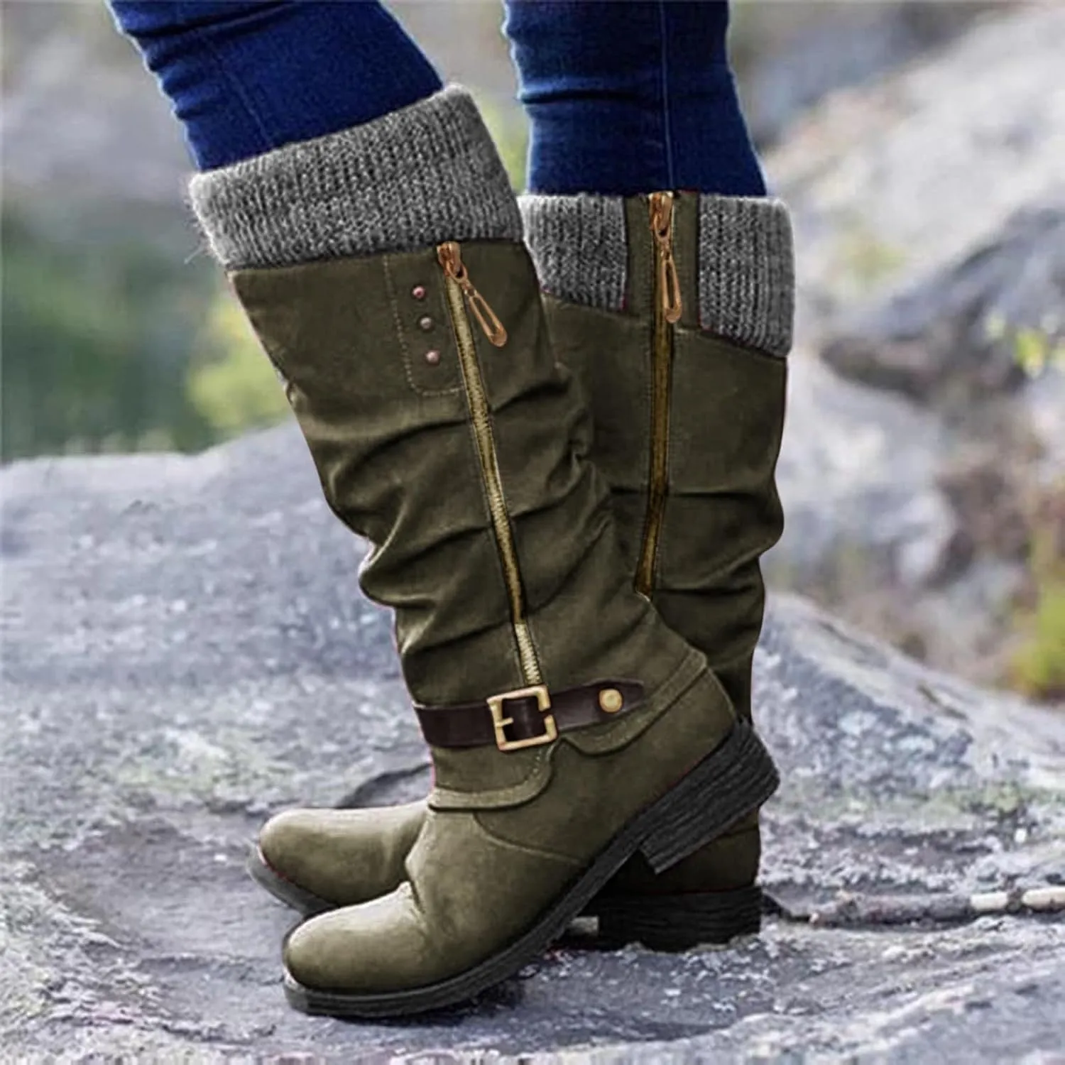 ZDLJYL Women's Black Chunky Heel Knee High Boots Side Zipper Round Toe Boots with Faux Fur Lining Mid Calf Boots
