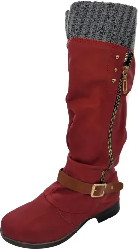 ZDLJYL Women's Black Chunky Heel Knee High Boots Side Zipper Round Toe Boots with Faux Fur Lining Mid Calf Boots