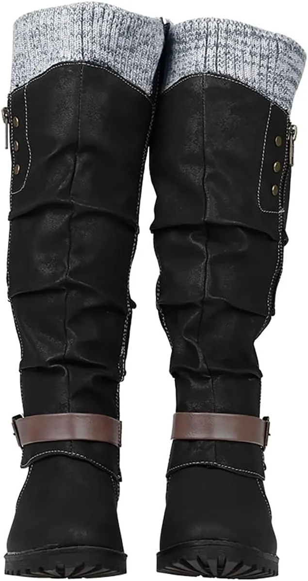 ZDLJYL Women's Black Chunky Heel Knee High Boots Side Zipper Round Toe Boots with Faux Fur Lining Mid Calf Boots