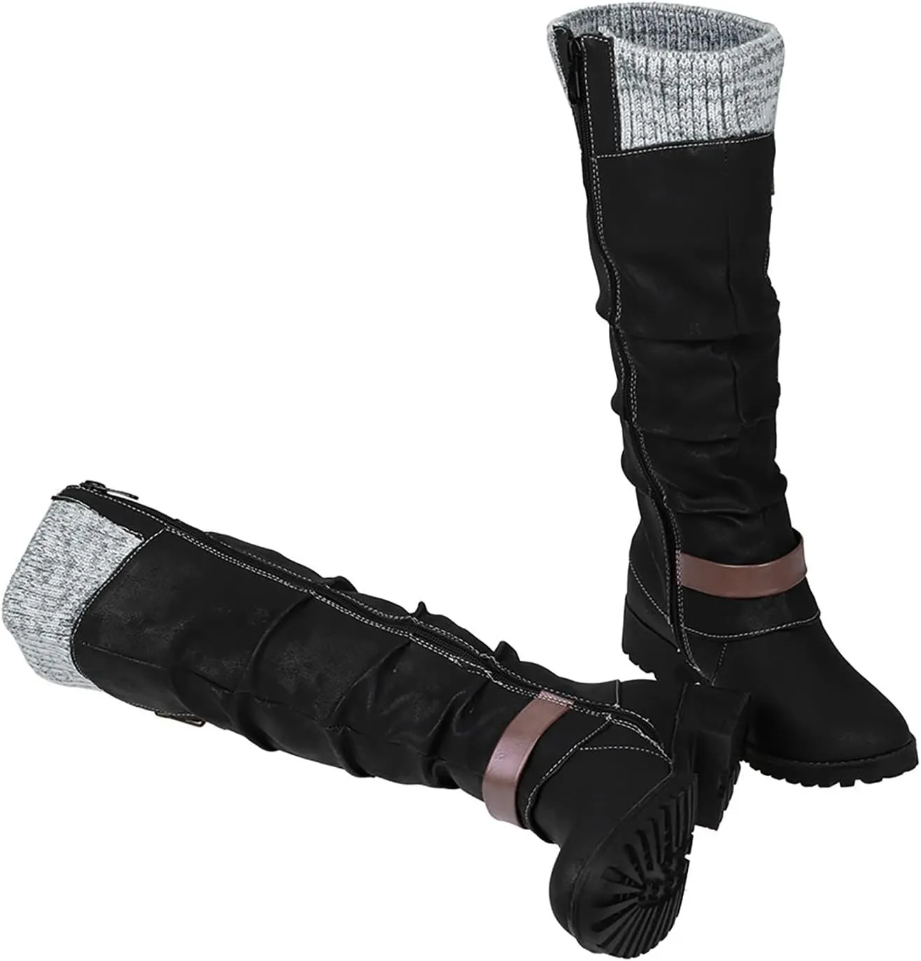 ZDLJYL Women's Black Chunky Heel Knee High Boots Side Zipper Round Toe Boots with Faux Fur Lining Mid Calf Boots