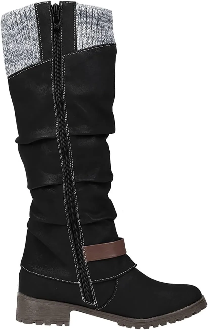 ZDLJYL Women's Black Chunky Heel Knee High Boots Side Zipper Round Toe Boots with Faux Fur Lining Mid Calf Boots