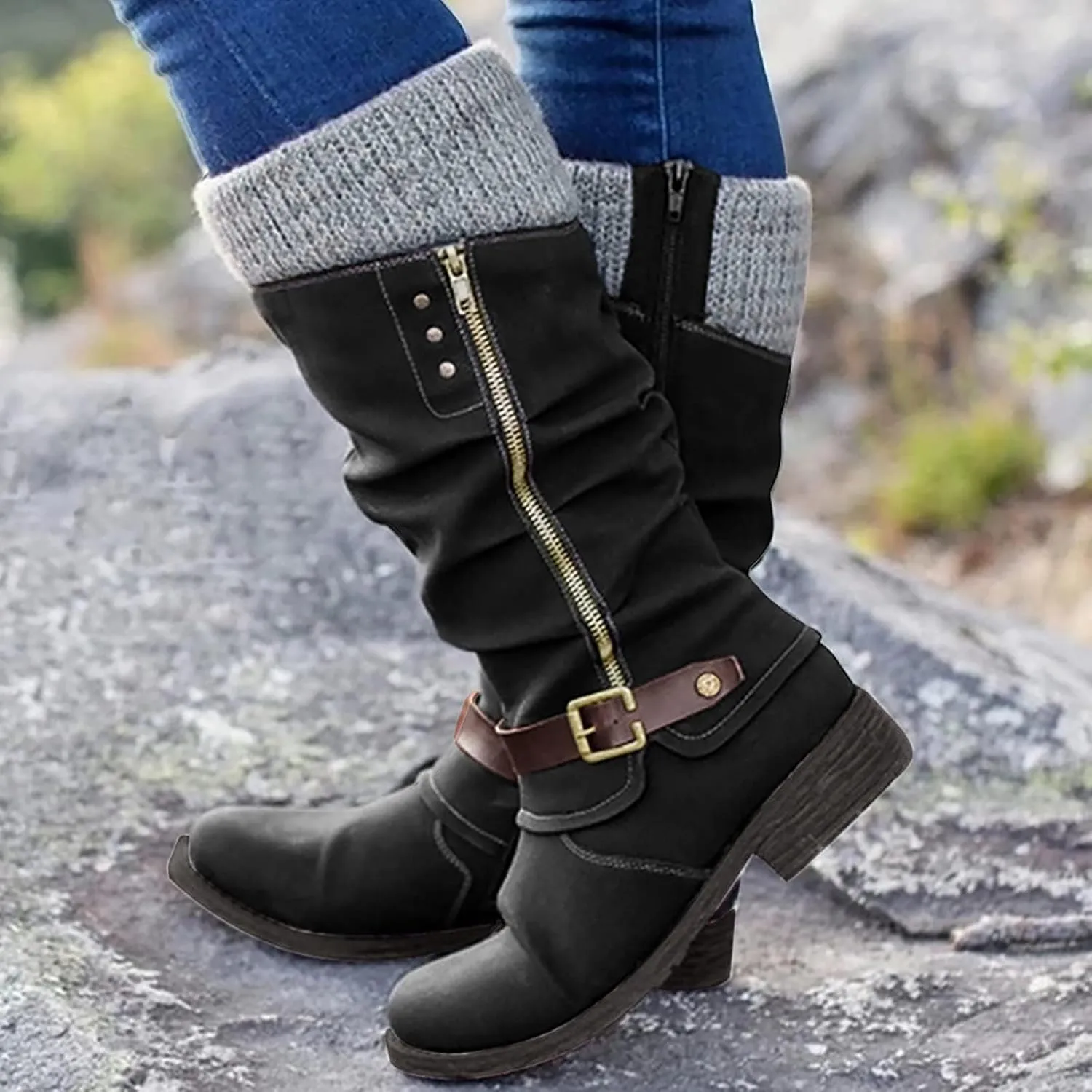 ZDLJYL Women's Black Chunky Heel Knee High Boots Side Zipper Round Toe Boots with Faux Fur Lining Mid Calf Boots