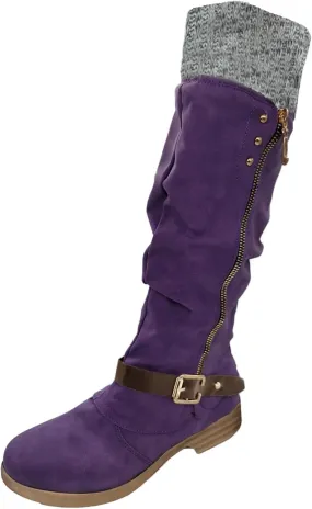 ZDLJYL Women's Black Chunky Heel Knee High Boots Side Zipper Round Toe Boots with Faux Fur Lining Mid Calf Boots
