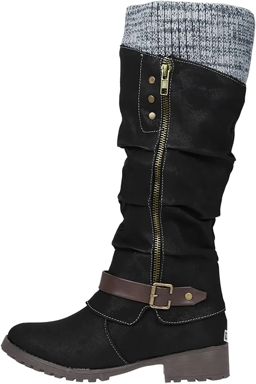 ZDLJYL Women's Black Chunky Heel Knee High Boots Side Zipper Round Toe Boots with Faux Fur Lining Mid Calf Boots