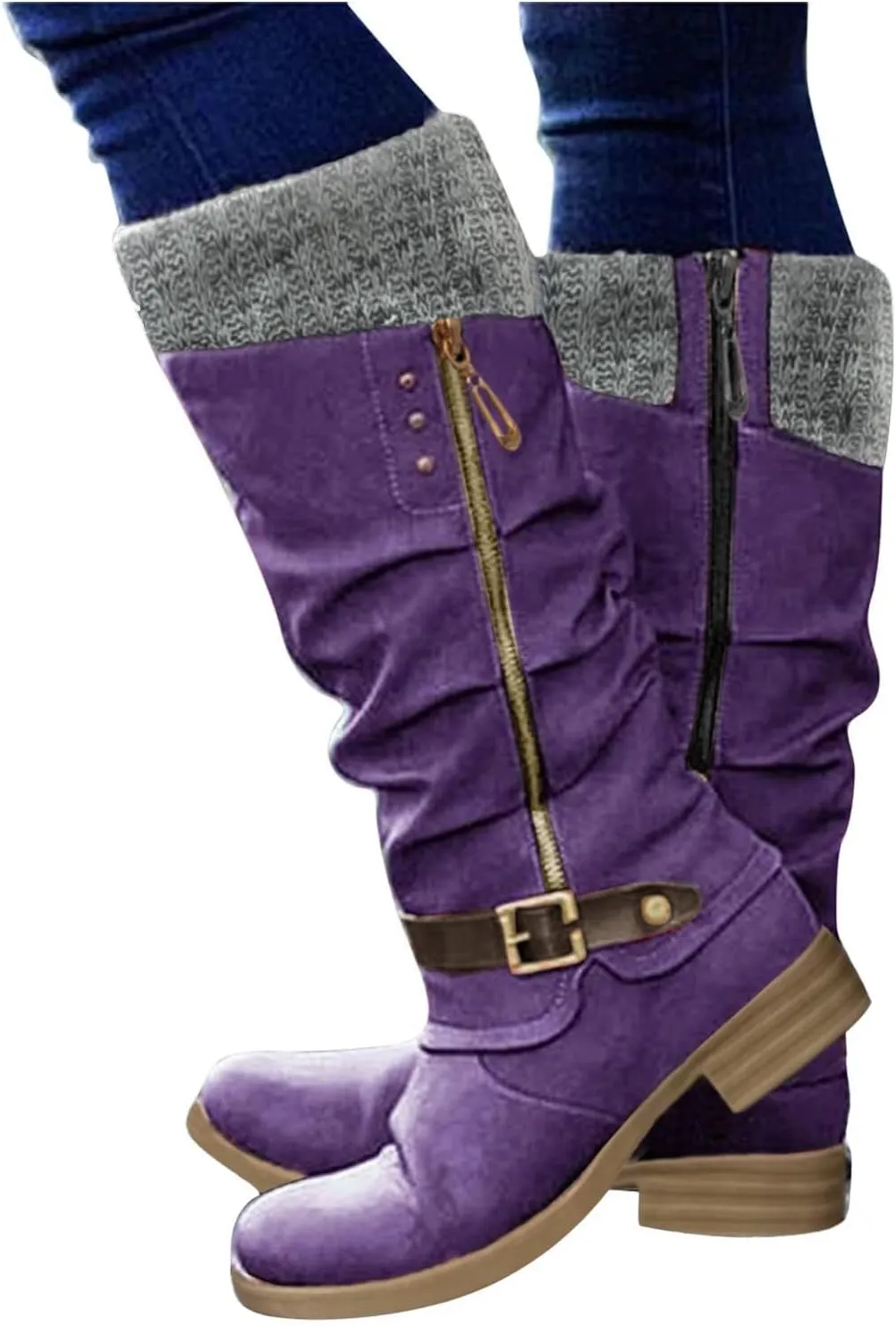 ZDLJYL Women's Black Chunky Heel Knee High Boots Side Zipper Round Toe Boots with Faux Fur Lining Mid Calf Boots
