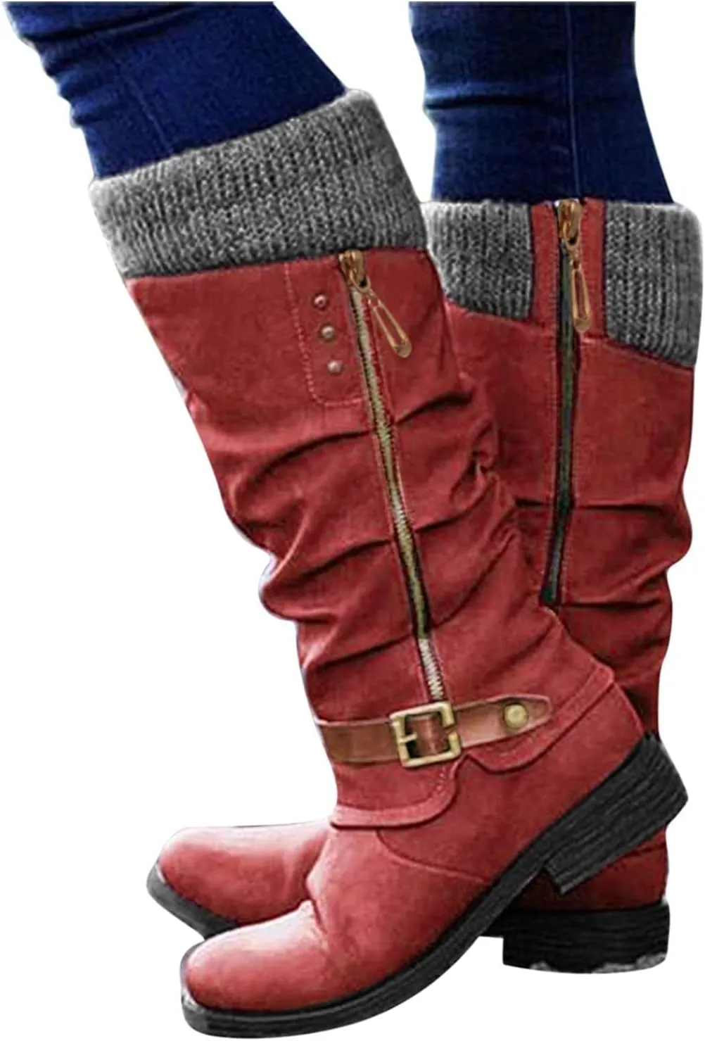 ZDLJYL Women's Black Chunky Heel Knee High Boots Side Zipper Round Toe Boots with Faux Fur Lining Mid Calf Boots