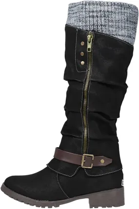 ZDLJYL Women's Black Chunky Heel Knee High Boots Side Zipper Round Toe Boots with Faux Fur Lining Mid Calf Boots