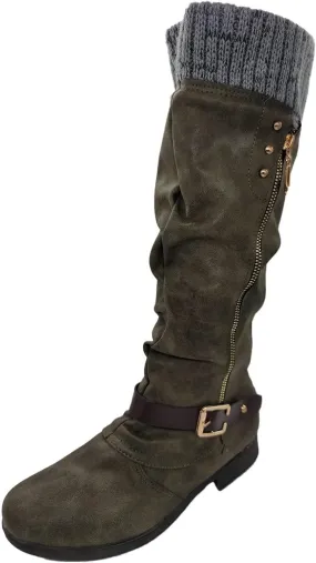 ZDLJYL Women's Black Chunky Heel Knee High Boots Side Zipper Round Toe Boots with Faux Fur Lining Mid Calf Boots