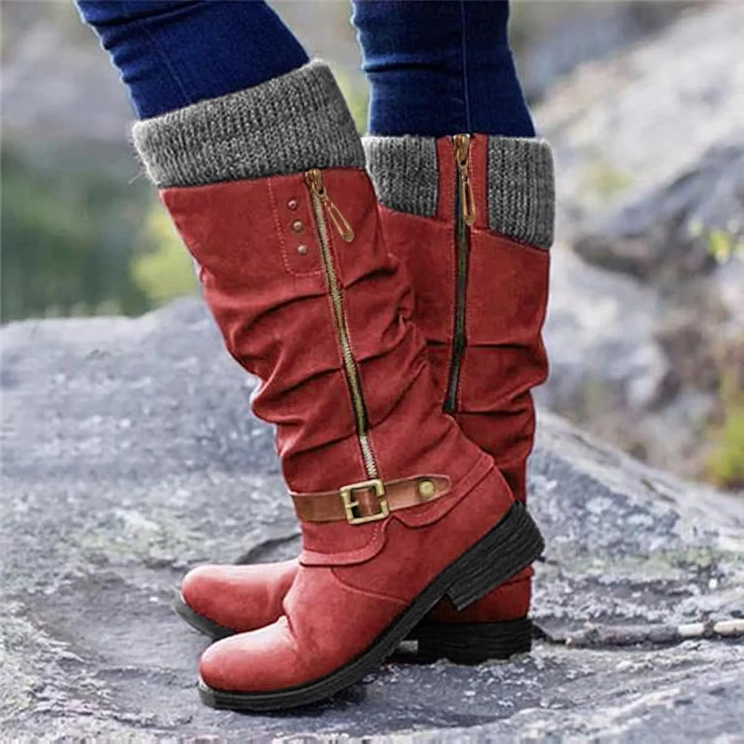 ZDLJYL Women's Black Chunky Heel Knee High Boots Side Zipper Round Toe Boots with Faux Fur Lining Mid Calf Boots