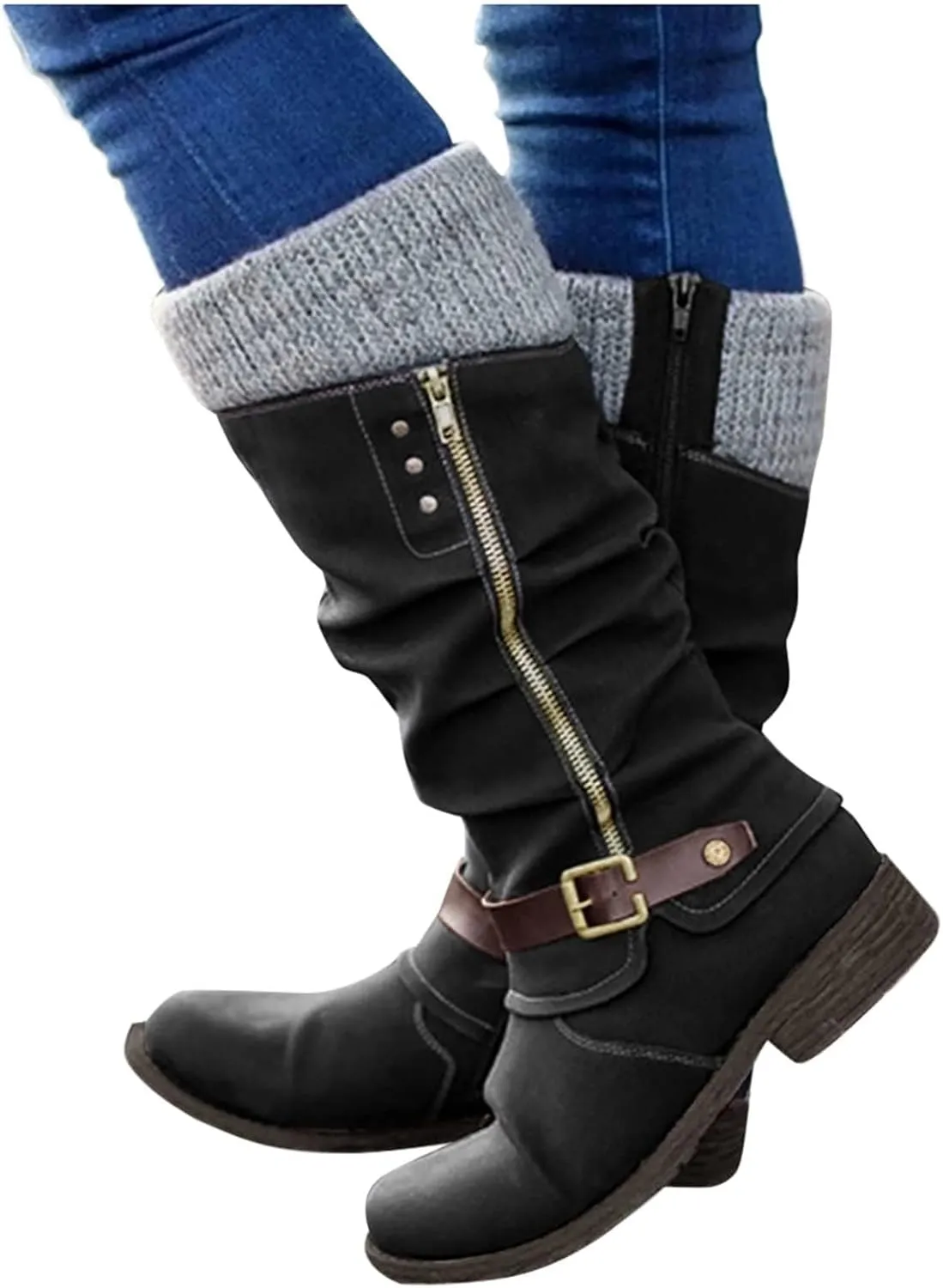 ZDLJYL Women's Black Chunky Heel Knee High Boots Side Zipper Round Toe Boots with Faux Fur Lining Mid Calf Boots