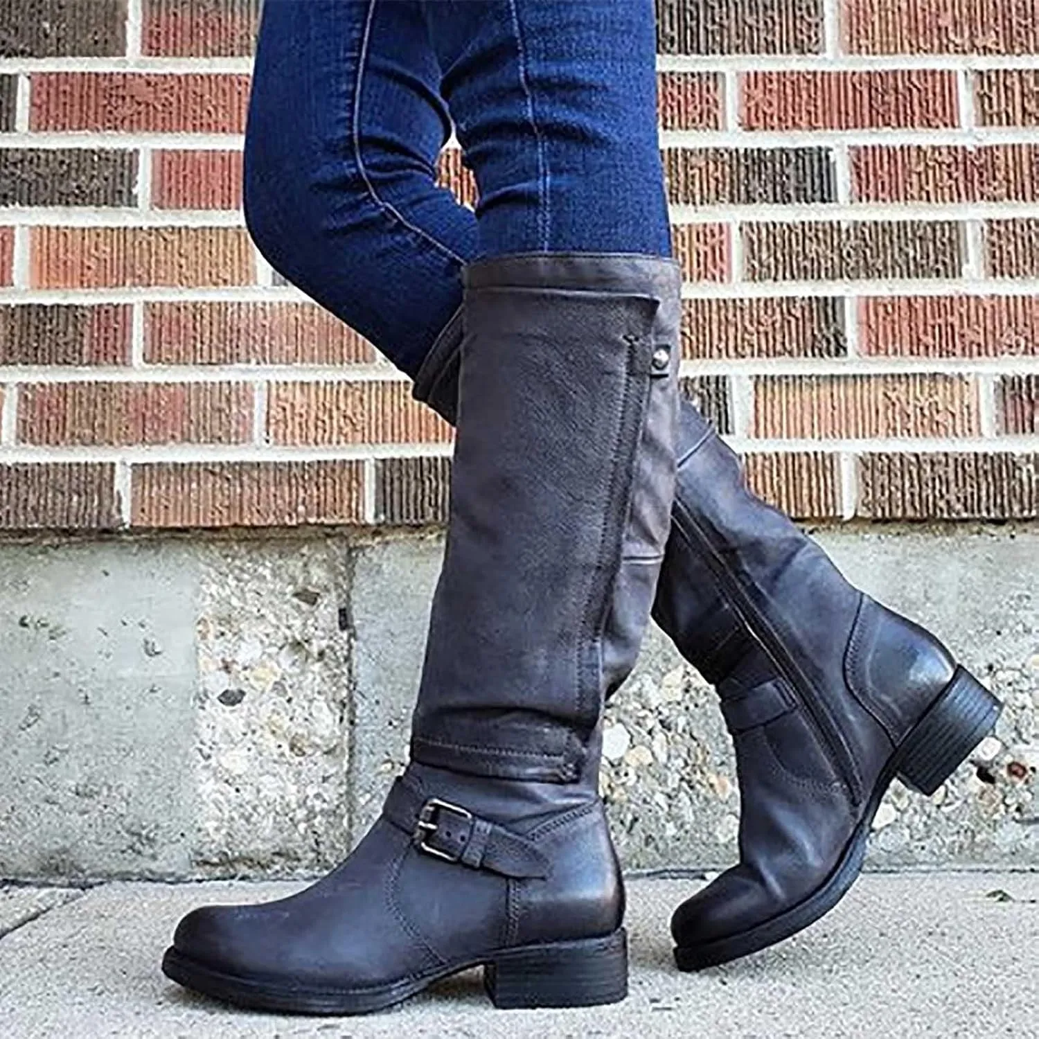 ZDLJYL Women's Knee High Boots Wide Calf Flat Low Heel Side Zipper Faux Leather Fashion Winter Riding Boot Motorcycle Boots