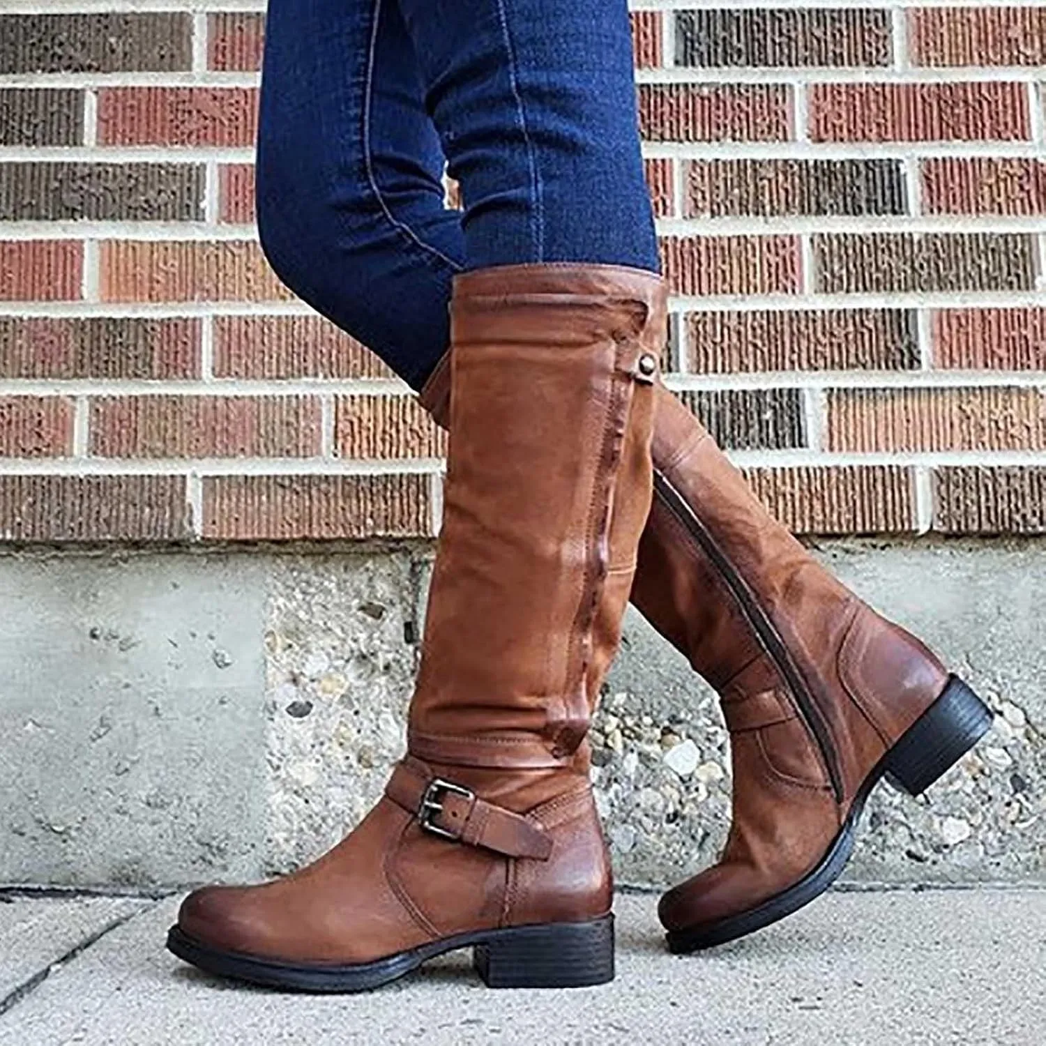 ZDLJYL Women's Knee High Boots Wide Calf Flat Low Heel Side Zipper Faux Leather Fashion Winter Riding Boot Motorcycle Boots