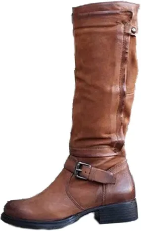 ZDLJYL Women's Knee High Boots Wide Calf Flat Low Heel Side Zipper Faux Leather Fashion Winter Riding Boot Motorcycle Boots