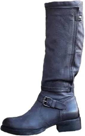 ZDLJYL Women's Knee High Boots Wide Calf Flat Low Heel Side Zipper Faux Leather Fashion Winter Riding Boot Motorcycle Boots