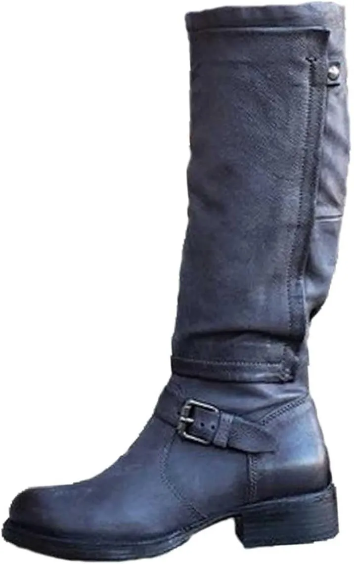 ZDLJYL Women's Knee High Boots Wide Calf Flat Low Heel Side Zipper Faux Leather Fashion Winter Riding Boot Motorcycle Boots